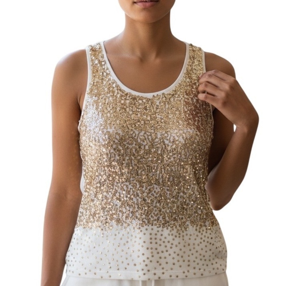 Chicos Women Size 0 XS Gold Ombre Sequin Tank Top White Cream Stretch 4501027926